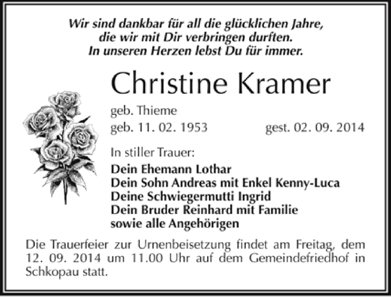  Traueranzeige für Christine Kramer vom 02.07.2015 aus Mitteldeutsche Zeitung