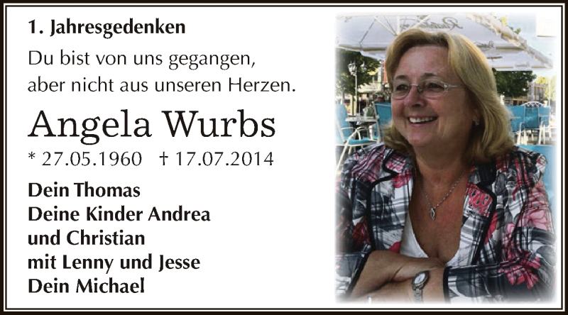  Traueranzeige für Angela Wurbs vom 18.07.2015 aus Super Sonntag Dessau / Köthen