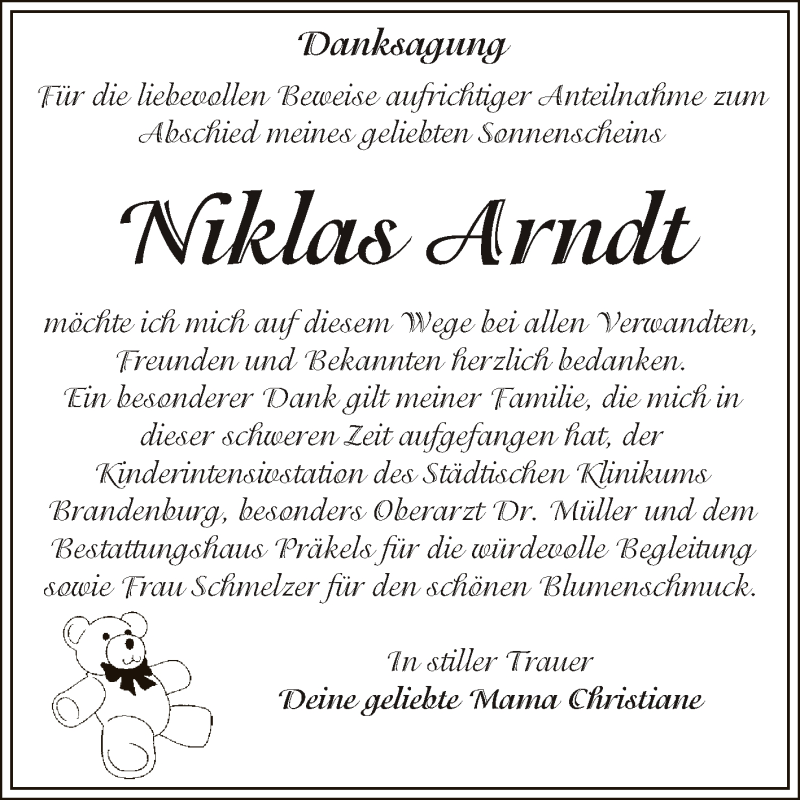  Traueranzeige für Niklas Arndt vom 18.07.2015 aus Super Sonntag Zeitz