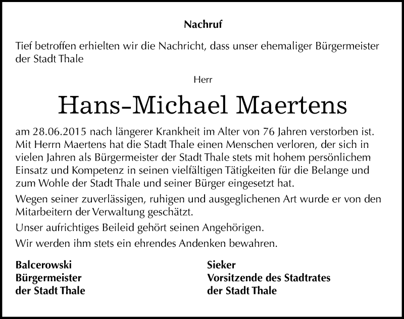  Traueranzeige für Hans-Michael Maertens vom 04.07.2015 aus Mitteldeutsche Zeitung Quedlinburg