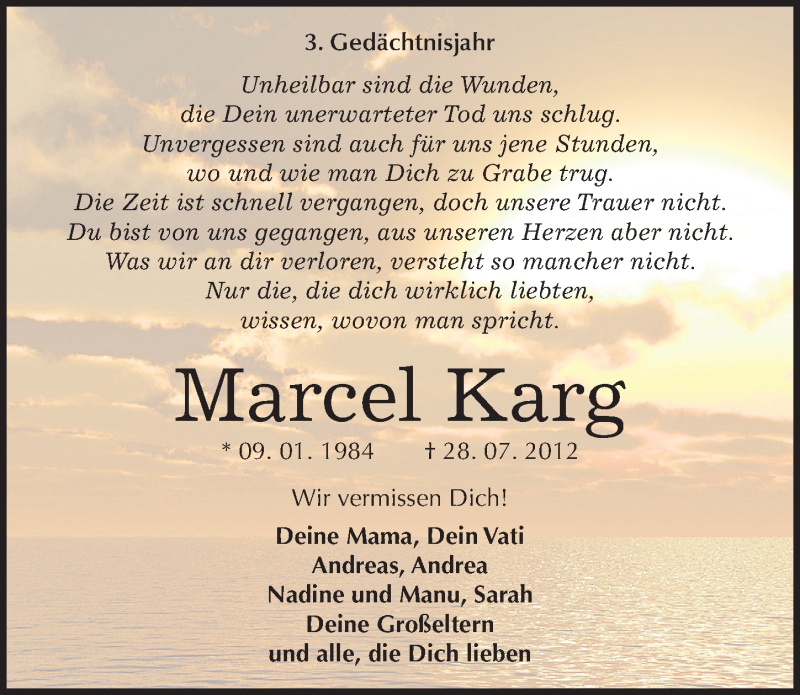  Traueranzeige für Marcel Karg vom 28.07.2015 aus Mitteldeutsche Zeitung Halle/Saalkreis
