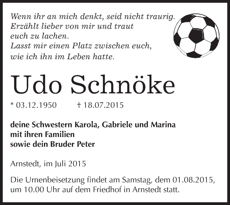  Traueranzeige für Udo Schnöke vom 25.07.2015 aus Super Sonntag SGH Mansf. Land
