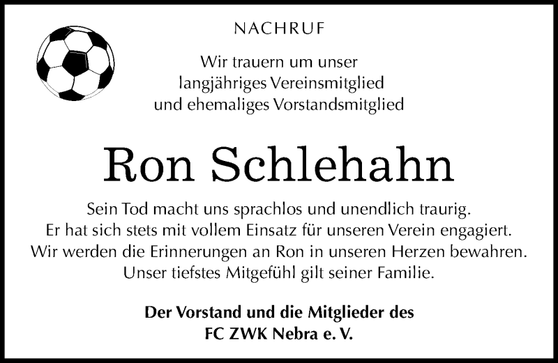  Traueranzeige für Ron Schlehahn vom 27.08.2015 aus Mitteldeutsche Zeitung Naumburg/Nebra