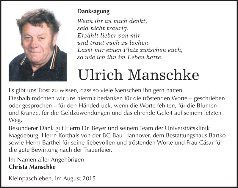  Traueranzeige für Ulrich Manschke vom 27.08.2015 aus Mitteldeutsche Zeitung Köthen
