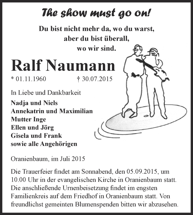  Traueranzeige für Ralf Naumann vom 22.08.2015 aus WVG - Wochenspiegel Wittenberg