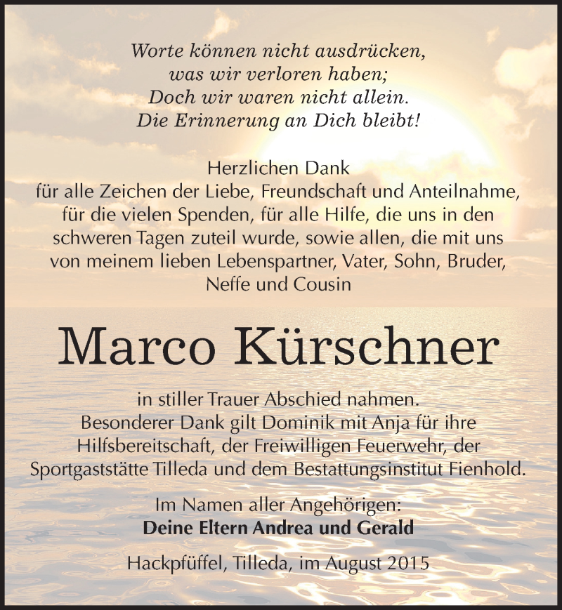  Traueranzeige für Marco Kürschner vom 22.08.2015 aus Mitteldeutsche Zeitung Sangerhausen
