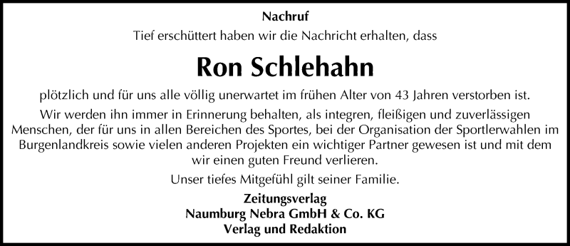  Traueranzeige für Ron Schlehahn vom 24.08.2015 aus Mitteldeutsche Zeitung Naumburg/Nebra