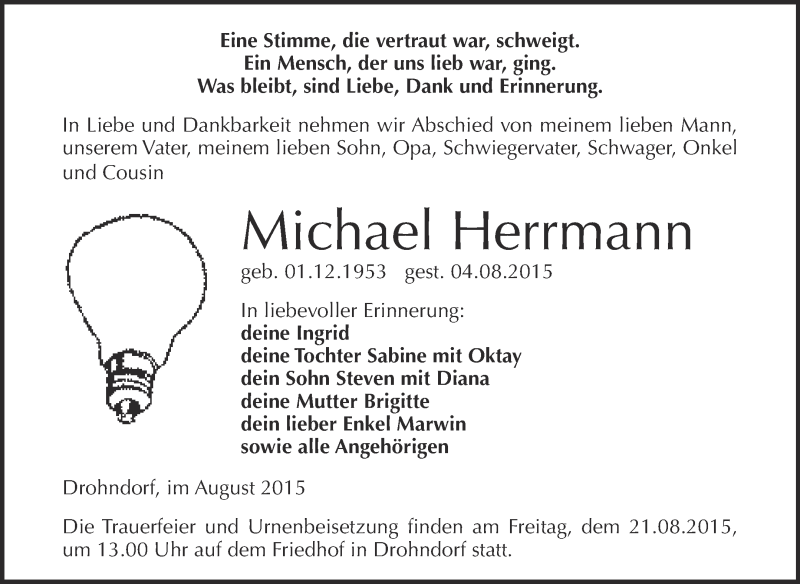  Traueranzeige für Michael Herrmann vom 08.08.2015 aus Super Sonntag Aschersleben