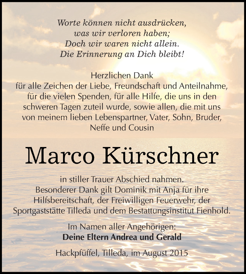  Traueranzeige für Marco Kürschner vom 22.08.2015 aus Super Sonntag SGH Mansf. Land