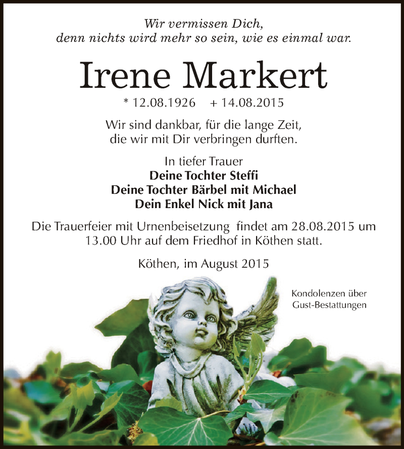  Traueranzeige für Irene Markert vom 22.08.2015 aus WVG - Wochenspiegel Dessau / Köthen