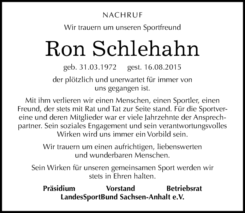  Traueranzeige für Ron Schlehahn vom 29.08.2015 aus Mitteldeutsche Zeitung Naumburg/Nebra