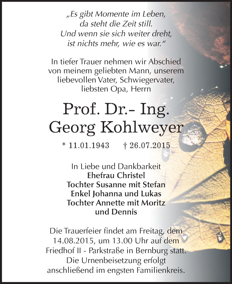 Traueranzeige für Georg Kohlweyer vom 01.08.2015 aus Super Sonntag Bernburg