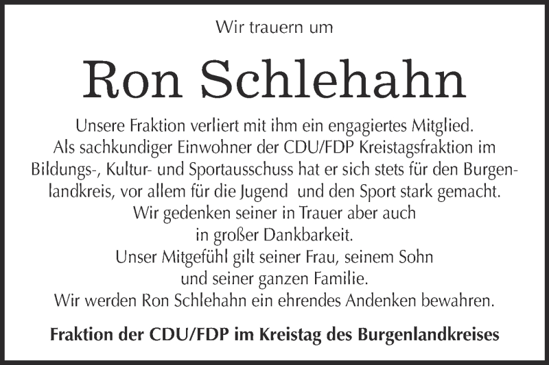  Traueranzeige für Ron Schlehahn vom 26.08.2015 aus WVG - Wochenspiegel NMB / WSF / ZTZ