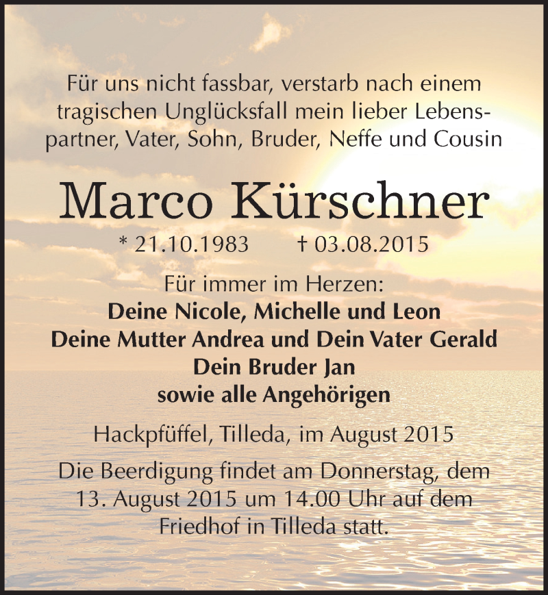  Traueranzeige für Marco Kürschner vom 10.08.2015 aus Mitteldeutsche Zeitung Sangerhausen