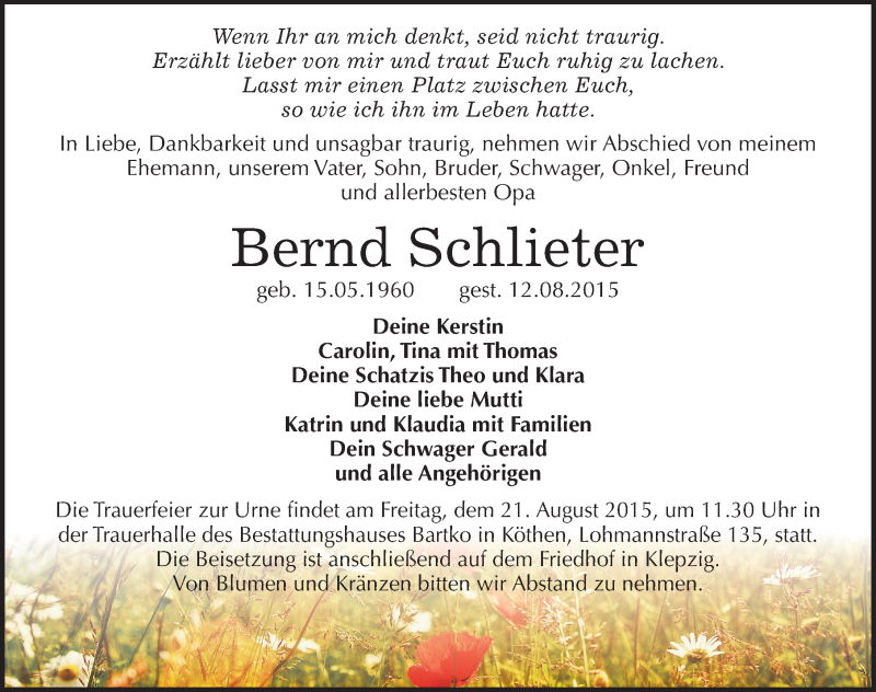  Traueranzeige für Bernd Schlieter vom 15.08.2015 aus Mitteldeutsche Zeitung Köthen