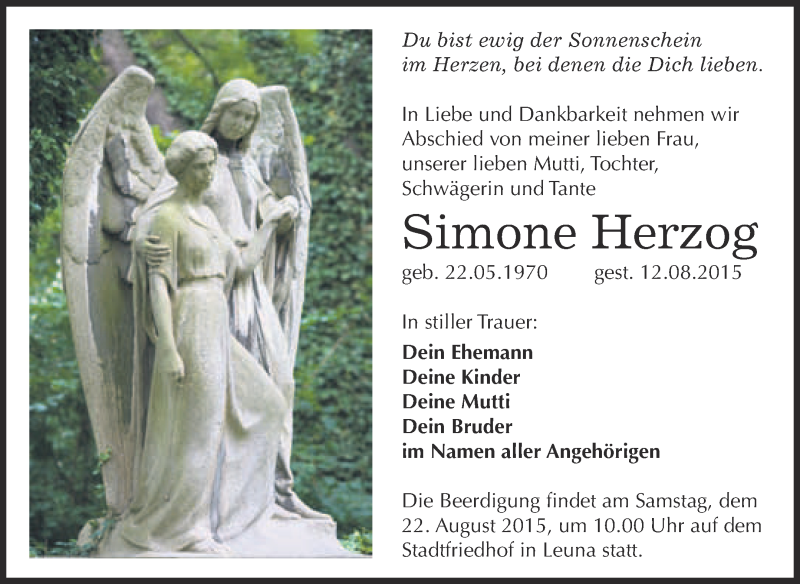  Traueranzeige für Simone Herzog vom 19.08.2015 aus WVG - Wochenspiegel Merseburg