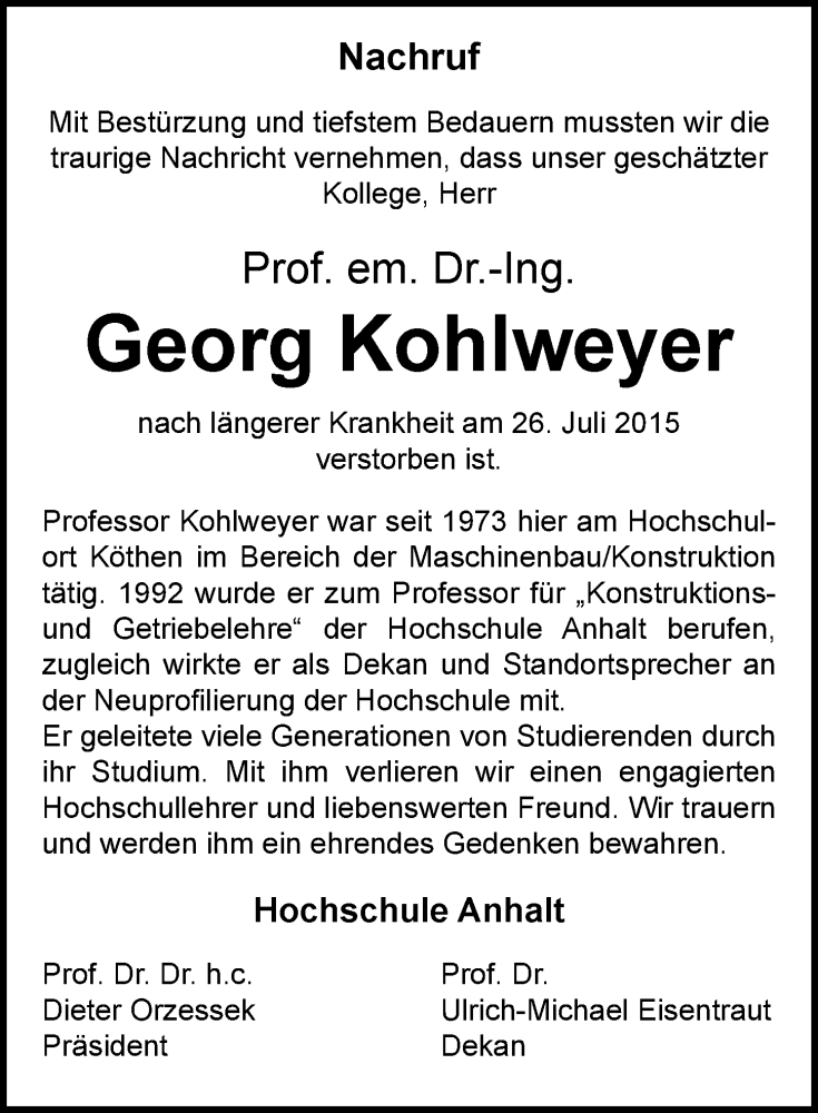 Traueranzeige für Georg Kohlweyer vom 07.08.2015 aus Mitteldeutsche Zeitung