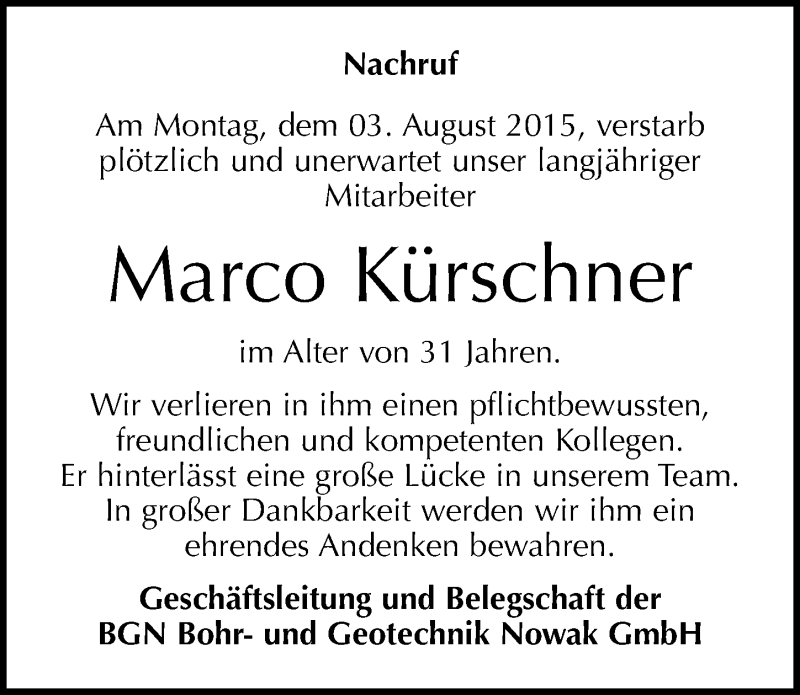 Traueranzeige für Marco Kürschner vom 20.08.2015 aus Mitteldeutsche Zeitung Sangerhausen