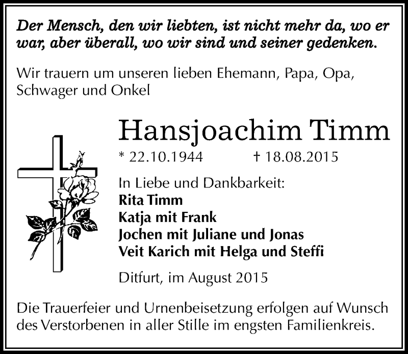  Traueranzeige für Hansjoachim Timm vom 22.08.2015 aus Mitteldeutsche Zeitung Quedlinburg