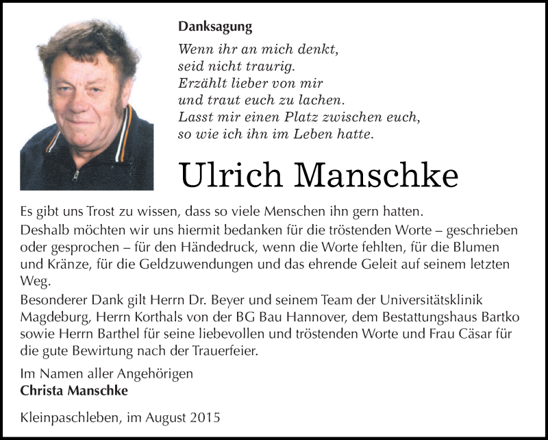  Traueranzeige für Ulrich Manschke vom 29.08.2015 aus WVG - Wochenspiegel Dessau / Köthen