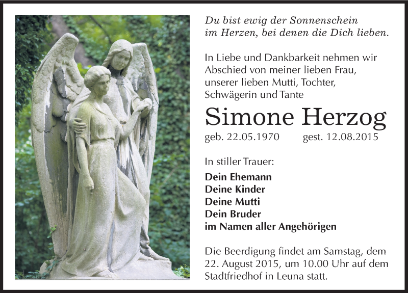  Traueranzeige für Simone Herzog vom 18.08.2015 aus Mitteldeutsche Zeitung Merseburg/Querfurt