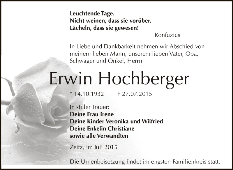  Traueranzeige für Erwin Hochberger vom 01.08.2015 aus Super Sonntag Zeitz