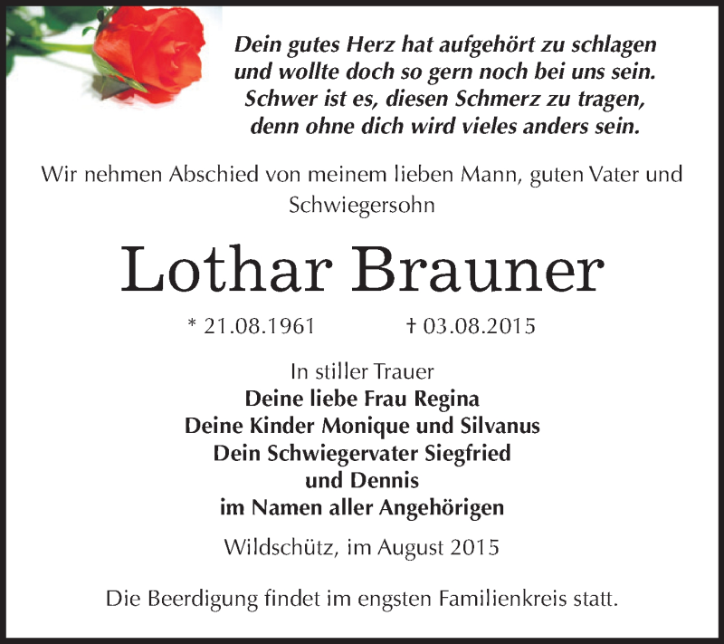  Traueranzeige für Lothar Brauner vom 22.08.2015 aus Super Sonntag Zeitz