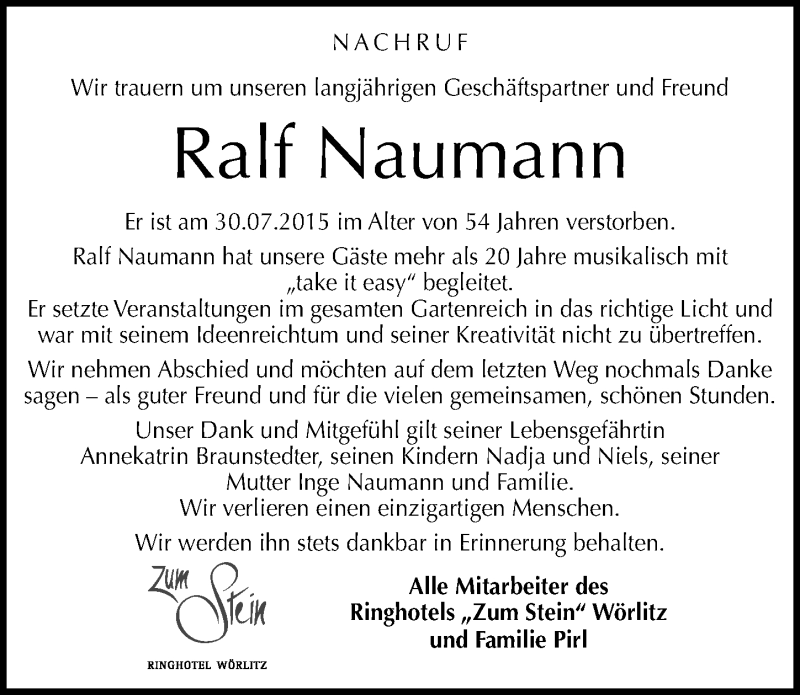  Traueranzeige für Ralf Naumann vom 24.08.2015 aus Mitteldeutsche Zeitung Bernburg