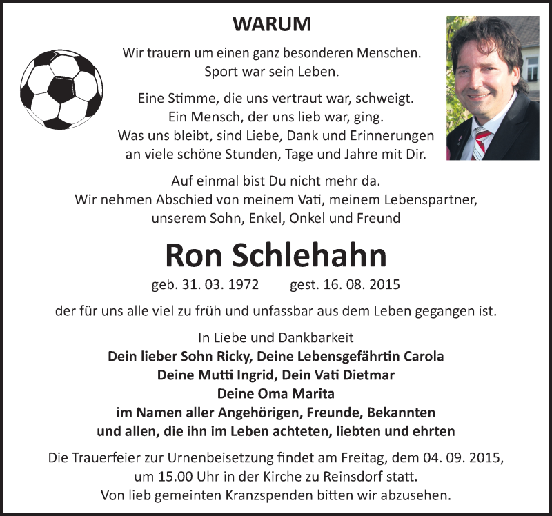  Traueranzeige für Ron Schlehahn vom 22.08.2015 aus Mitteldeutsche Zeitung Naumburg/Nebra