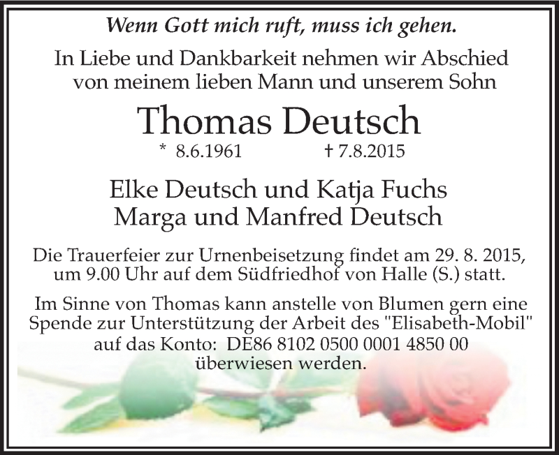  Traueranzeige für Thomas Deutsch vom 15.08.2015 aus Mitteldeutsche Zeitung Halle/Saalkreis