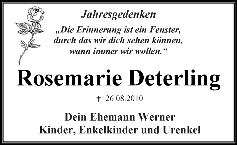  Traueranzeige für Rosemarie Deterling vom 26.08.2015 aus WVG - Wochenspiegel Dessau / Köthen