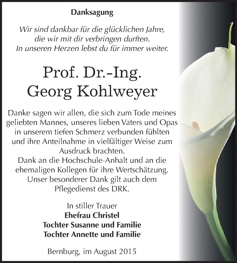  Traueranzeige für Georg Kohlweyer vom 29.08.2015 aus Super Sonntag Bernburg
