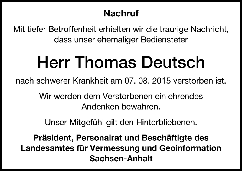  Traueranzeige für Thomas Deutsch vom 22.08.2015 aus Mitteldeutsche Zeitung Halle/Saalkreis