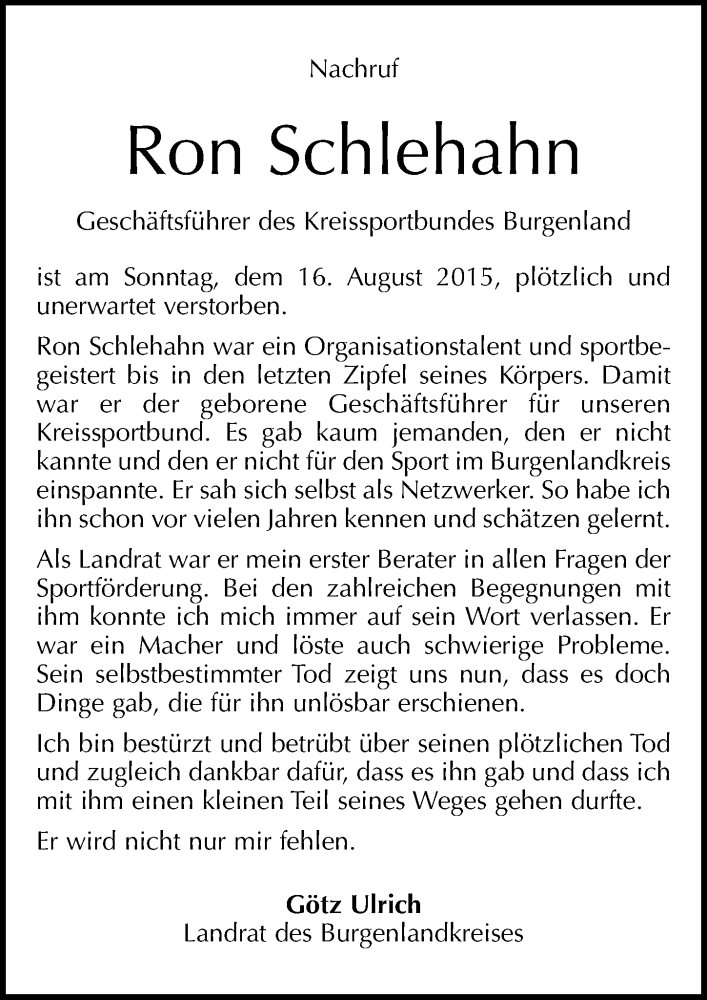  Traueranzeige für Ron Schlehahn vom 22.08.2015 aus Mitteldeutsche Zeitung
