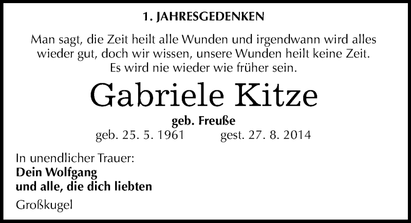  Traueranzeige für Gabriele Kitze vom 29.08.2015 aus Mitteldeutsche Zeitung Halle/Saalkreis