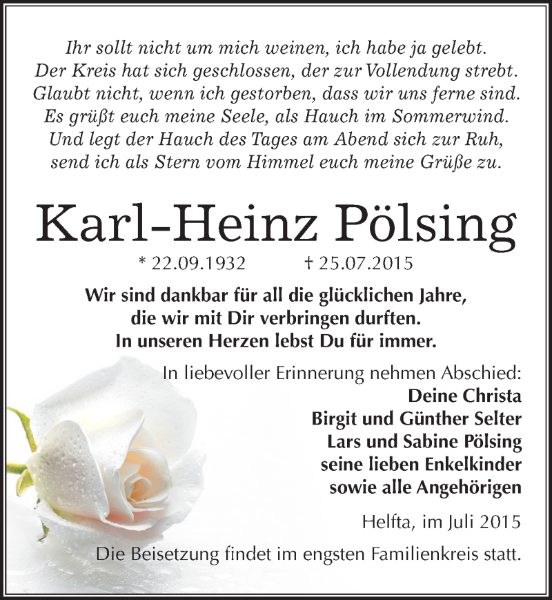  Traueranzeige für Karl-Heinz Pölsing vom 01.08.2015 aus Mitteldeutsche Zeitung Mansfelder Land