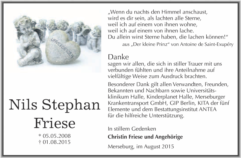  Traueranzeige für Nils Stephan Friese vom 26.08.2015 aus WVG - Wochenspiegel NMB / WSF / ZTZ