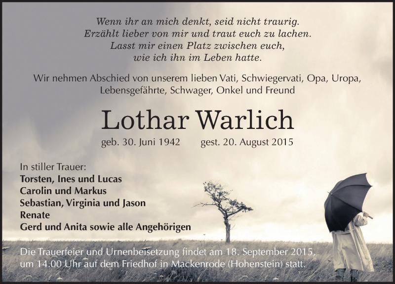  Traueranzeige für Ilona und Lothar Warlich vom 05.09.2015 aus Mitteldeutsche Zeitung Merseburg/Querfurt