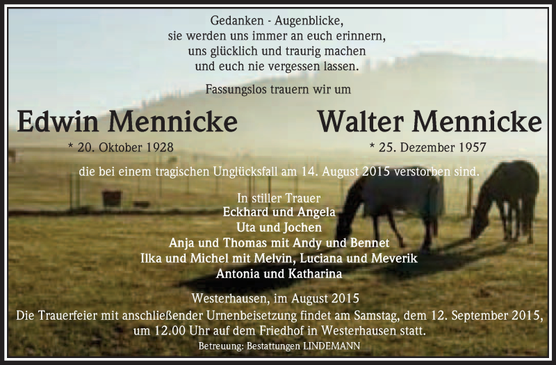  Traueranzeige für Edwin und Walter Mennicke vom 05.09.2015 aus Super Sonntag Quedlinburg