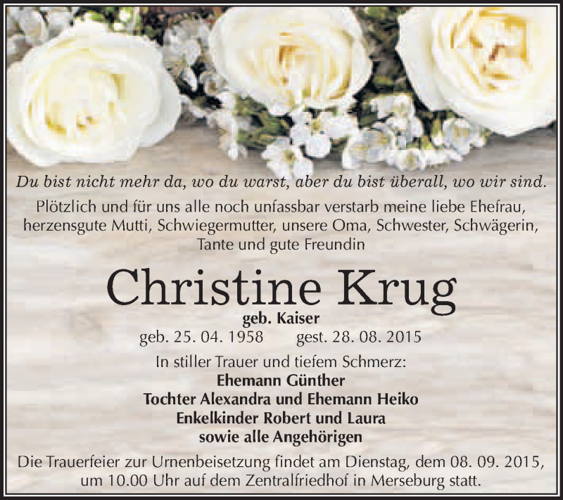  Traueranzeige für Christine Krug vom 05.09.2015 aus WVG - Wochenspiegel Merseburg