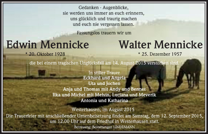  Traueranzeige für Edwin und Walter Mennicke vom 05.09.2015 aus Mitteldeutsche Zeitung Quedlinburg