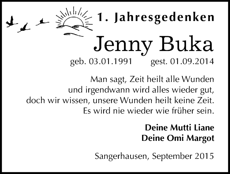  Traueranzeige für Jenny Buka vom 01.09.2015 aus Mitteldeutsche Zeitung Sangerhausen