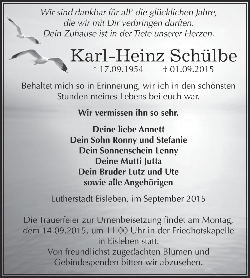  Traueranzeige für Karl-Heinz Schülbe vom 09.09.2015 aus Wochenspiegel Mansfelder Land