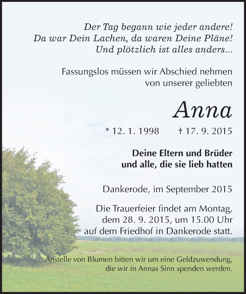  Traueranzeige für Anna  vom 25.09.2015 aus Mitteldeutsche Zeitung Quedlinburg