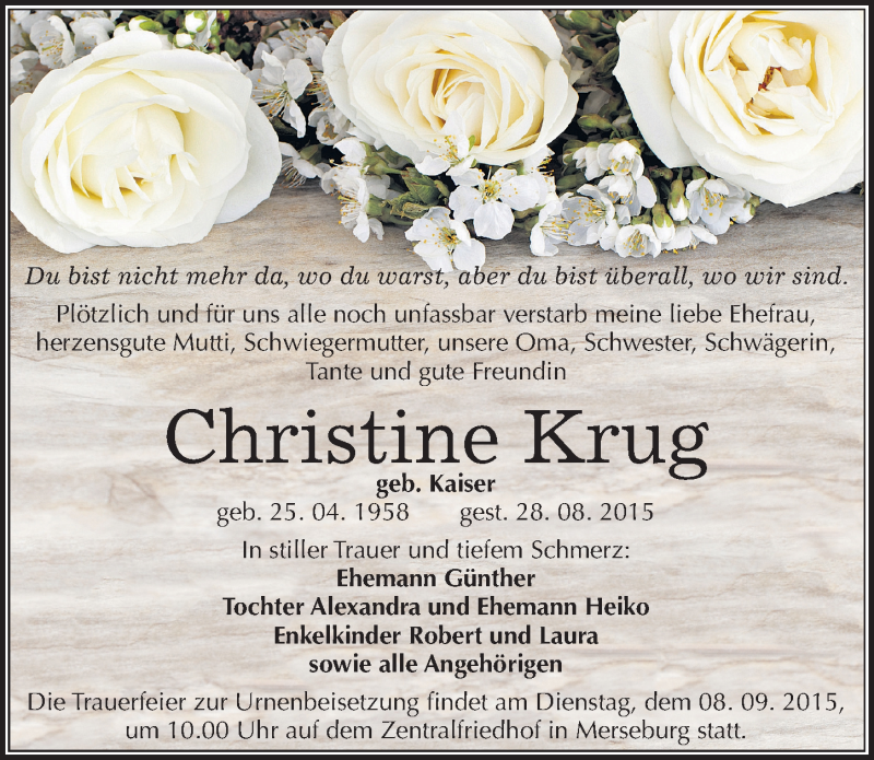  Traueranzeige für Christine Krug vom 02.09.2015 aus Mitteldeutsche Zeitung Merseburg/Querfurt