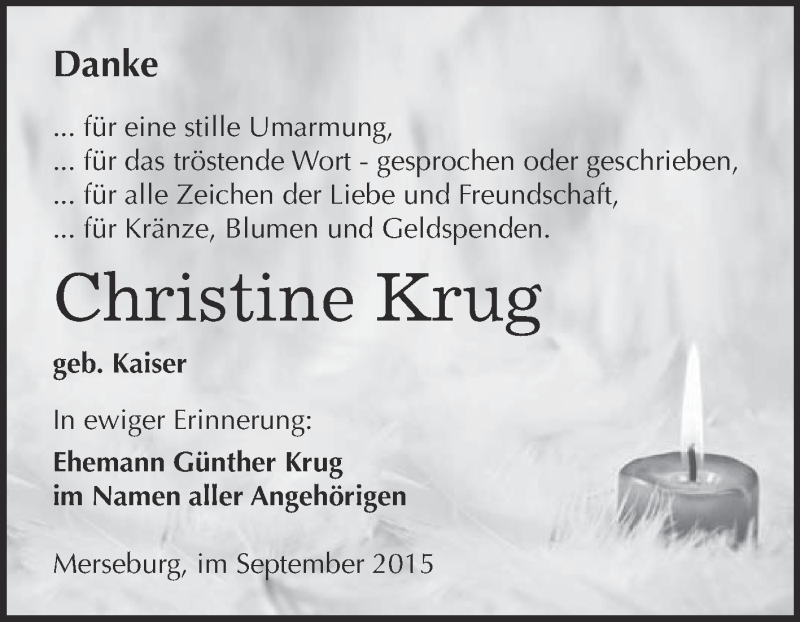  Traueranzeige für Christine Krug vom 12.09.2015 aus Super Sonntag Merseburg