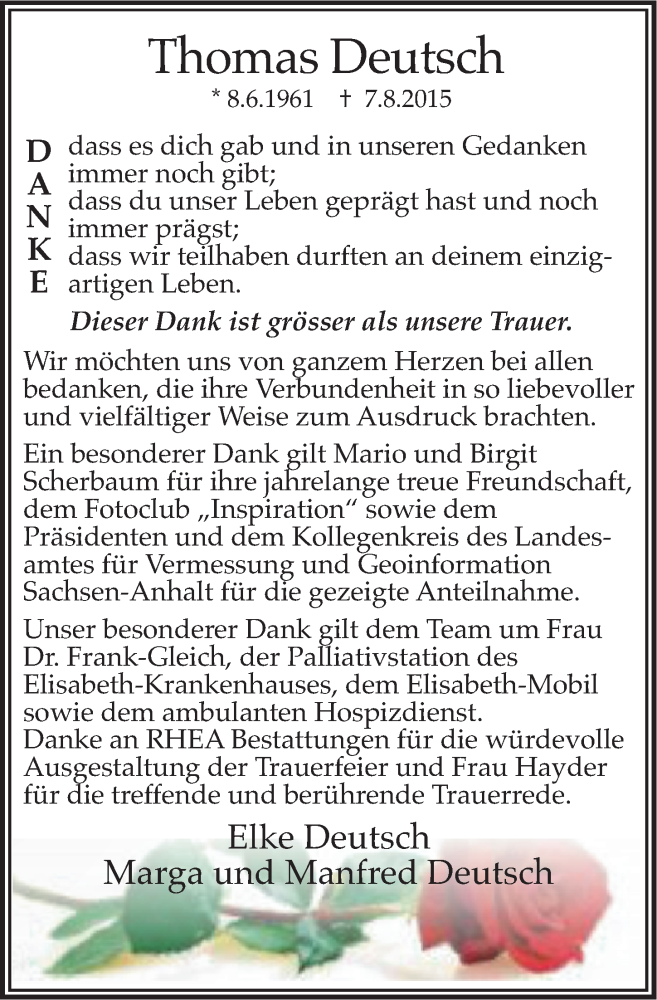  Traueranzeige für Thomas Deutsch vom 05.09.2015 aus Mitteldeutsche Zeitung Halle/Saalkreis