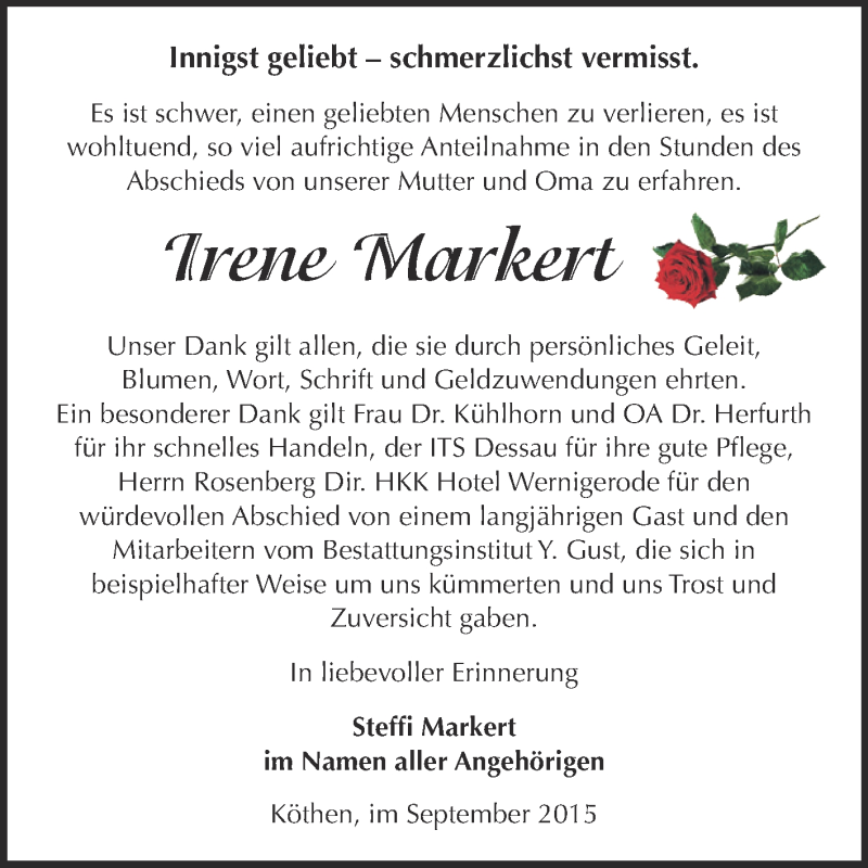  Traueranzeige für Irene Markert vom 05.09.2015 aus WVG - Wochenspiegel Dessau / Köthen