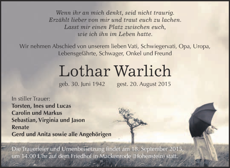  Traueranzeige für Ilona und Lothar Warlich vom 05.09.2015 aus Super Sonntag Merseburg