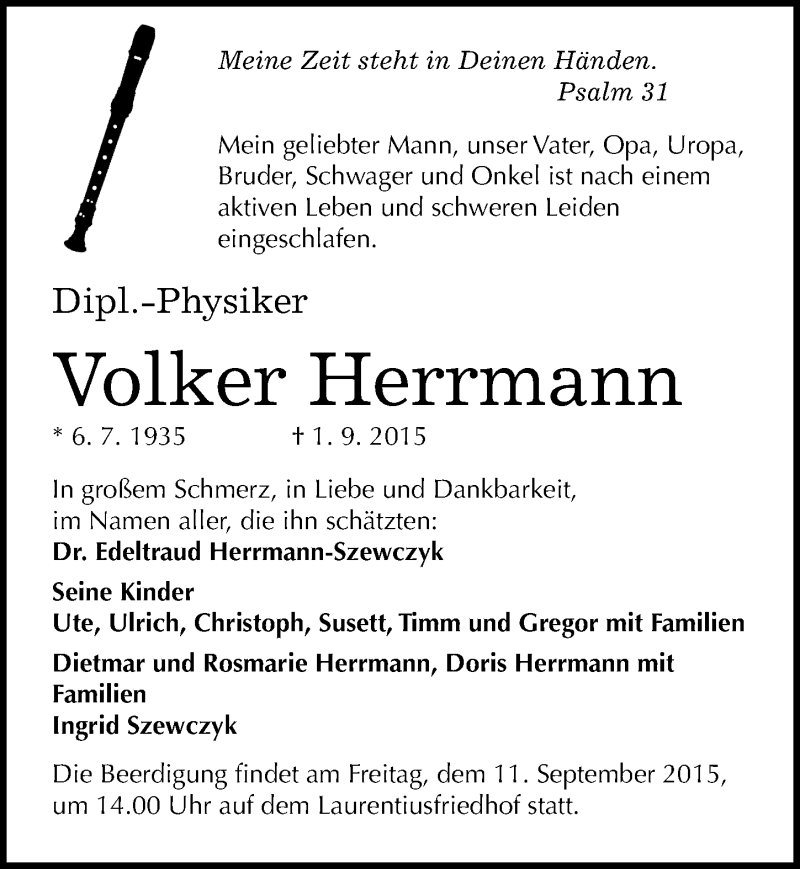  Traueranzeige für Volker Herrmann vom 05.09.2015 aus Mitteldeutsche Zeitung Halle/Saalkreis
